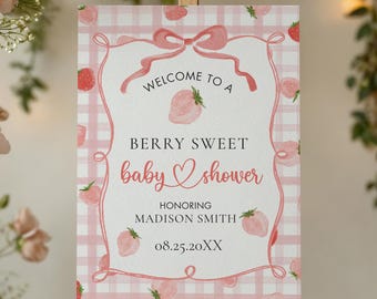 Cartel de bienvenida para baby shower con temática de fresas, diseño de fresas, color rosa y coqueta, BSB10