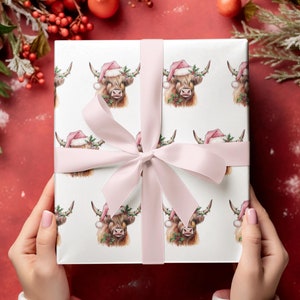 Carta da regalo natalizia con mucca delle Highlands, carta da regalo a tema country, carta da regalo con mucca delle Highlands, carta da regalo natalizia rosa, carta da regalo natalizia con mucca