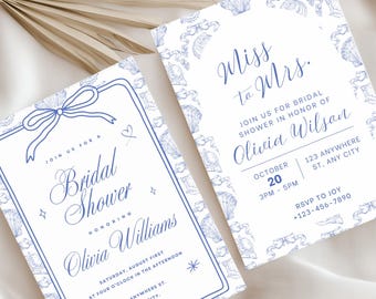 Seashells Coquette Bows Bridal Shower Party Invite Template Coastal Beach Shell Brunch Blue Ocean Sea Theme Wedding Editable Invitation BC10