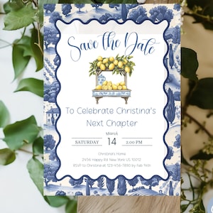May include: A blue and white invitation card with the text "Save the Date" and "To Celebrate Christina's Next Chapter". The card features a lemon stand illustration and event details. The background has a blue and white landscape design.