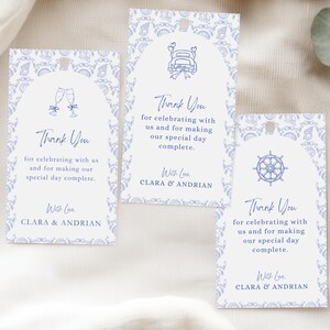 Blue Toile Coastal Wedding Gift Favor Tags Editable Template Seashell Thank You Tag Shell Wedding Favors Beach Ocean Chinoiseries BC10