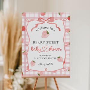 Cartel de bienvenida para baby shower con tema de fresas y coqueta, plantilla imprimible editable, decoración para baby shower con temática de bayas dulces, pancarta con bayas rosas, BSB10