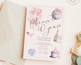 Cheers to 40 jaar bewerkbare verjaardagsuitnodiging verjaardagsfeestje, veertig roze uitnodigingen voor verjaardagsfeestje, 40e verjaardag vrouwen afdrukbare digitale uitnodiging haar