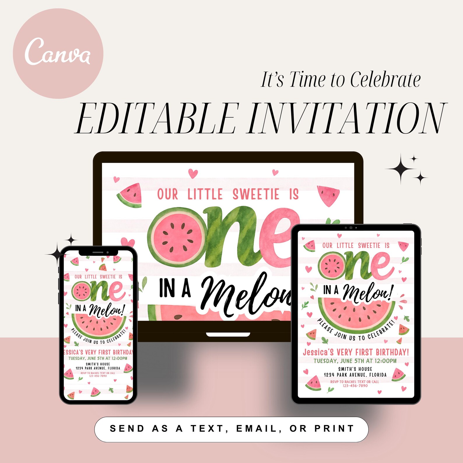 Printable One in a Melon 1st Birthday Party Girl Invitation Template ...