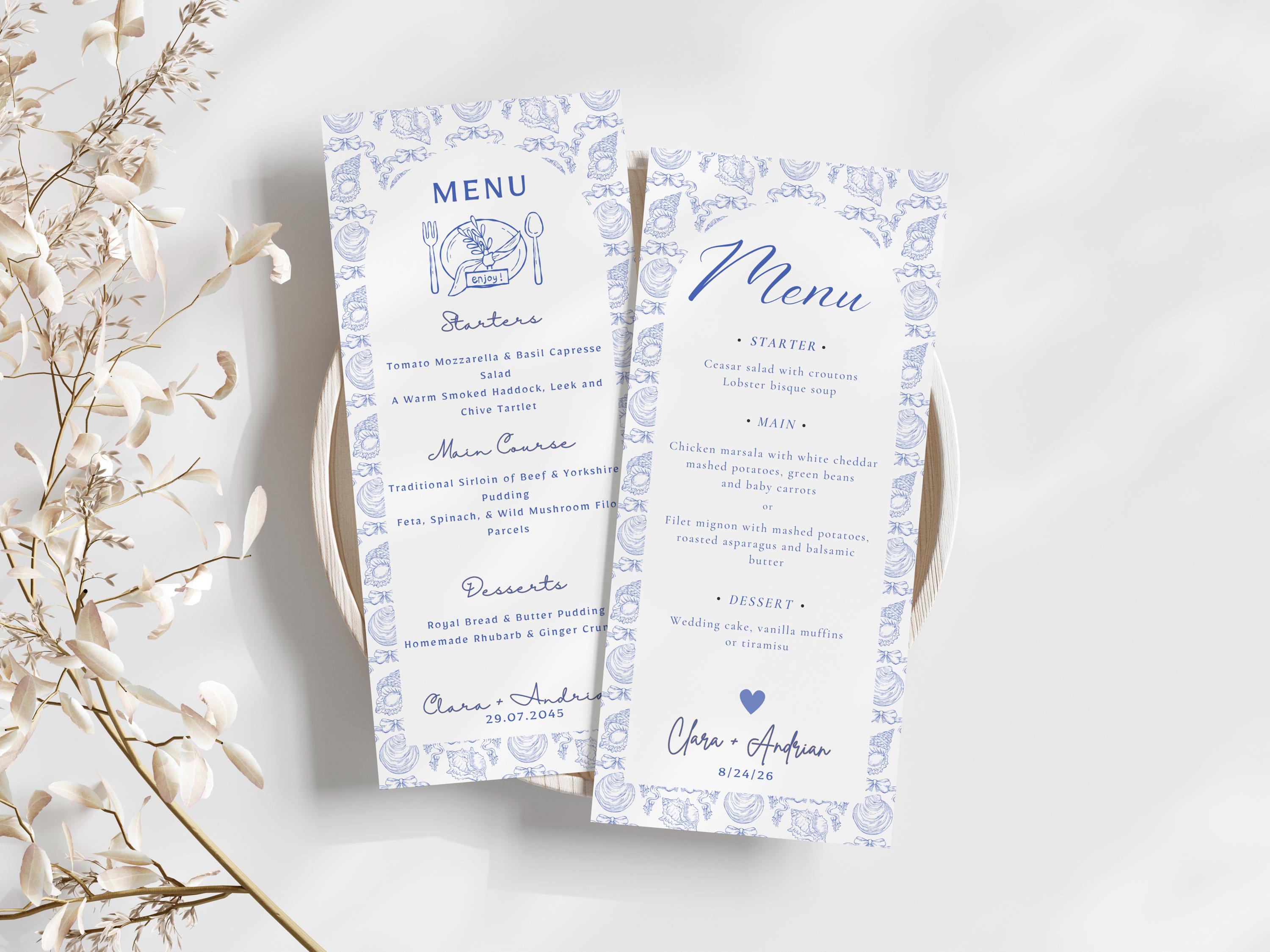 Seashell Wedding Bridal Shower Menu Card Template Coastal Beach Blue ...