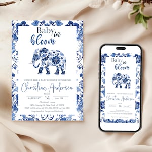 Blue White French Toile Safari Animal Theme Baby Shower Bundle Invitation Elegant Vintage Chinoiseries Baby Boy Girl Gender Neutral Invites