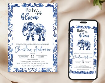 Blue White French Toile Safari Animal Theme Baby Shower Bundle Invitation Elegant Vintage Chinoiseries Baby Boy Girl Gender Neutral Invites