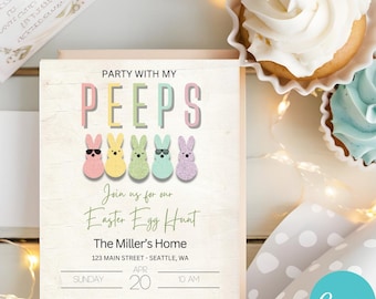 Party With My Peeps Party Easter Printable Invitation, Spring Brunch Invitations, Easter Egg Hunt Invite, Canva Animated Bunny Mobile Invite