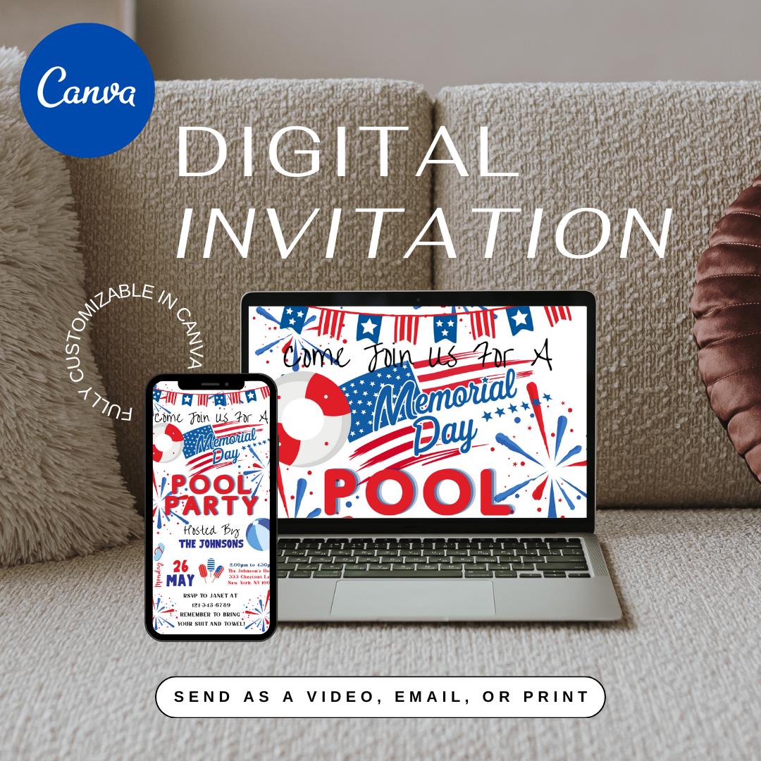 Memorial Day Pool Party Invitation, Editable Red White Blue Invite ...
