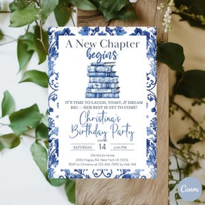 Blue Floral Chinoiseries Birthday Party Invitation Women Template French Toile Book Themed Birthday Toile De Jouy Classy Chic Invite for Her