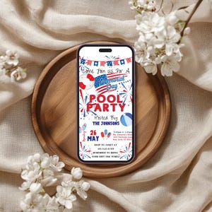 Memorial Day Pool Party Invitation, Editable Red White Blue Invite ...