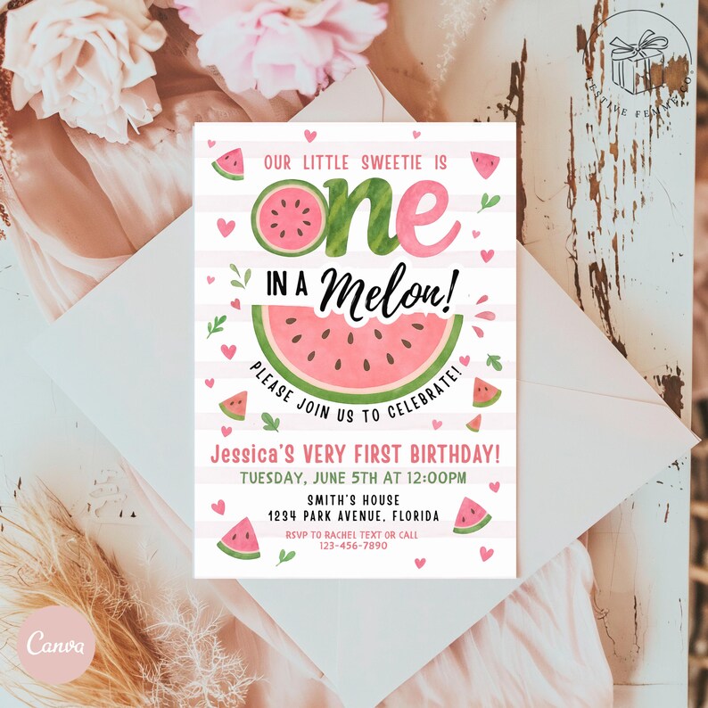 Printable One in a Melon 1st Birthday Party Girl Invitation Template ...