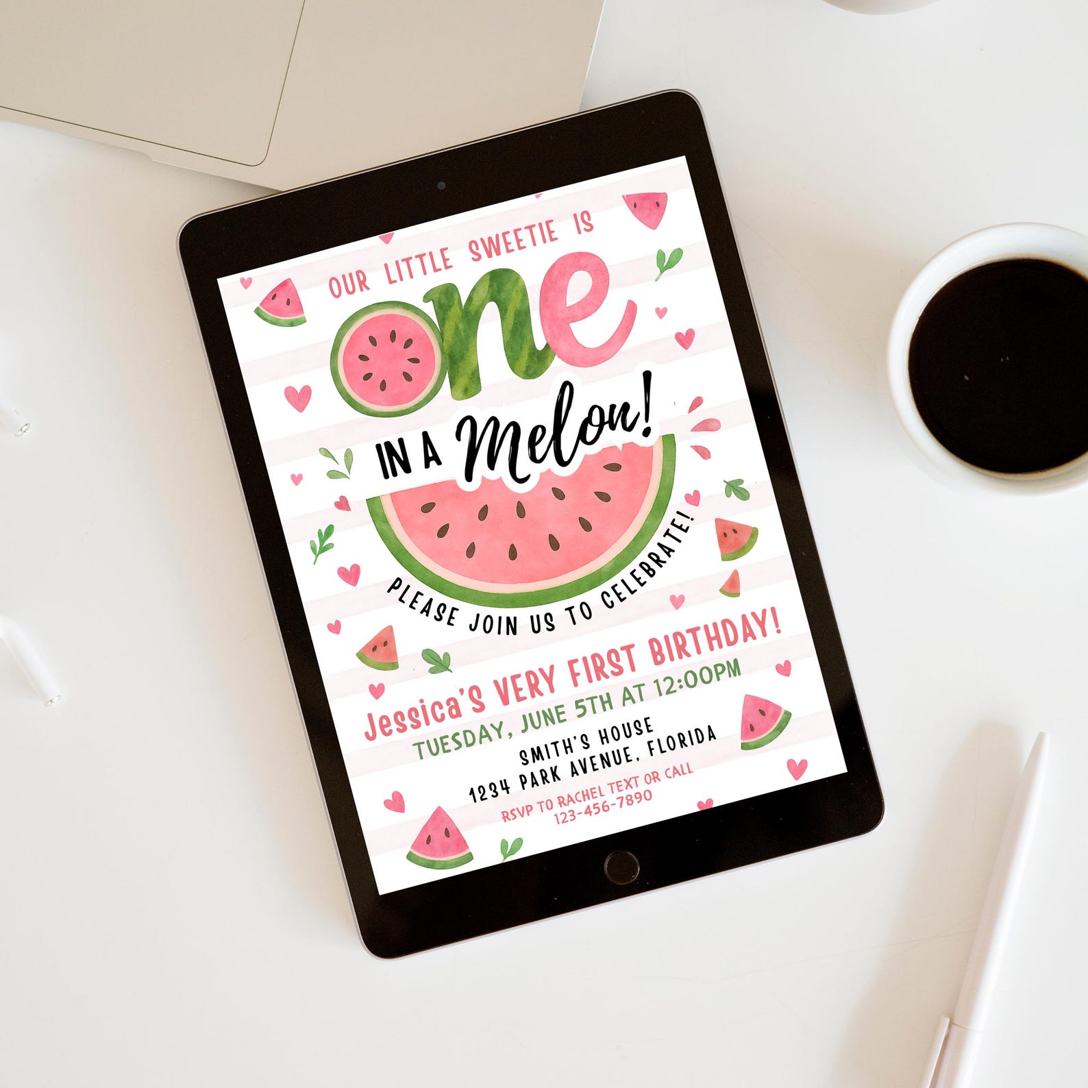 Printable One in a Melon 1st Birthday Party Girl Invitation Template ...