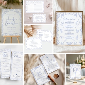 May include: A collection of blue and white bridal shower stationery, including a welcome sign, menu cards, RSVP cards, and a cocktail menu. The designs feature decorative borders and elegant fonts. The welcome sign reads "Welcome to Jennifer's Bridal Shower."