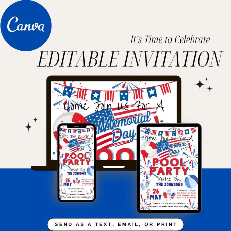 Memorial Day Pool Party Invitation, Editable Red White Blue Invite ...