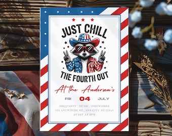 Chill The 4th Out July Party BBQ Invitation Editable Independence Day Invite Templates Red White Blue Patriotic Invites Stars Stripes Forth