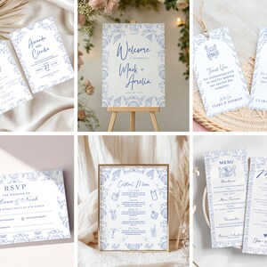 May include: A collection of wedding stationery with a blue and white floral design. Includes invitations, a welcome sign, gift tags, an RSVP card, a cocktail menu, and dinner menus. The stationery is arranged on a white surface.