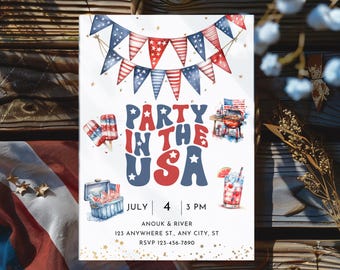 Invito alla festa del 4 luglio negli Stati Uniti, modello modificabile per invito al barbecue per il giorno dell'indipendenza, inviti patriottici rossi, bianchi e blu per il 4 luglio
