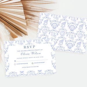 Dernier toast invitations carte RSVP coquillage bleu coquillage noeud toile EVJF week-end carte RSVP modèle modifiable plage de Bach côtière BC10