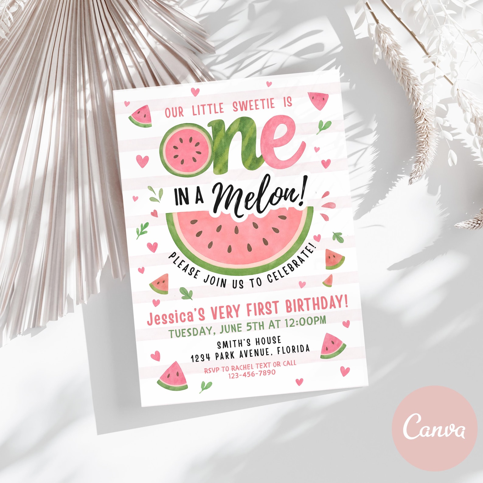 Printable One in a Melon 1st Birthday Party Girl Invitation Template ...