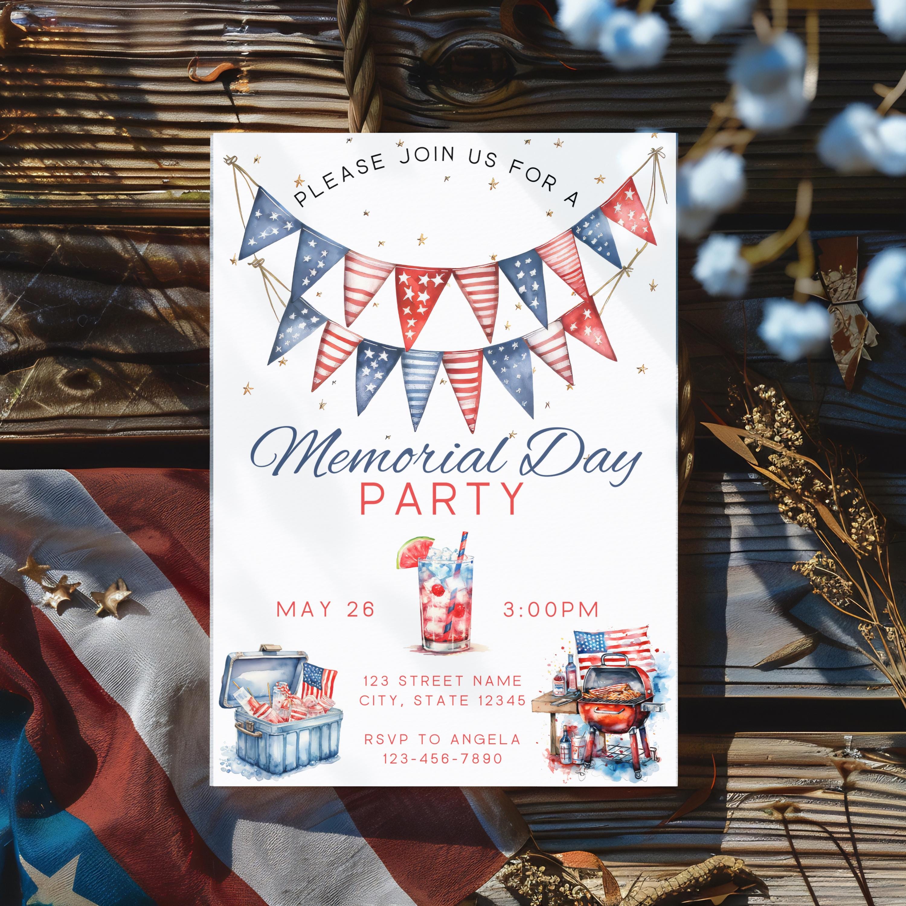 Memorial Day BBQ Party Invitation Editable, Memorial Day Invite, Summer ...