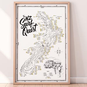 Nieuw-Zeelandse surfkaart – Scratch Off-surfcadeau | Nieuw-Zeelandse kustreisposter | Handgetekende surfkunstprint