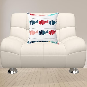 Square Pillow, Fun Fish Pattern Design Throw Cushion, Bedroom Decor, Home Accent, Sofa Pillow, Beach House Gift, Coastal Decor