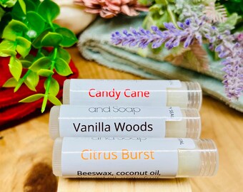 Organic Lip Balm - Coconut Oil, Jojoba Oil, Beeswax - Candy Cane, Citrus Burst, Vanilla