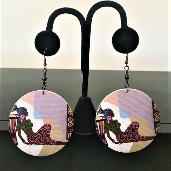 AA0186. Esi African American Wooden Round Afrocentric Ethnic Drop Earrings