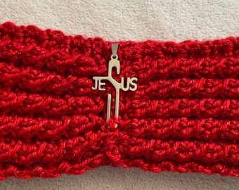 EW0112 Red Ear Warmer with "Jesus" Charm