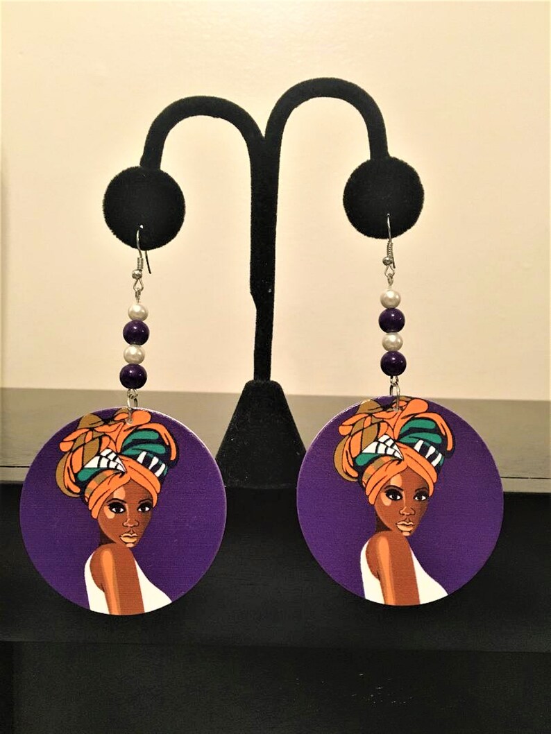 Charla-African* American Wooden Round Afrocentric Ethnic Drop Earrings