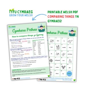 Op de afbeelding: Twee afdrukbare Welshe PDF-documenten op een witte achtergrond. De documenten leren hoe je dingen in het Welsh kunt vergelijken. Het bovenste document heeft de titel "Cymharu Pethau" en het onderste document heeft een bijpassende titel. De documenten hebben kleurrijke illustraties.