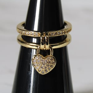 Heart Charm Ring, 18k Gold Ring, Cubic Zirconia Ring,Double Band Ring, Pave Ring, Dangle Charm Ring