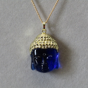 Buddha Head Pendant Necklace. Blue Buddha, Chakra, Gold Necklace