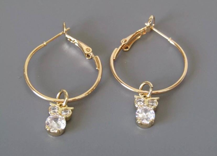 18k Gold Plated Owl Hoop Earrings: Cubic Zirconia Dangle Earrings