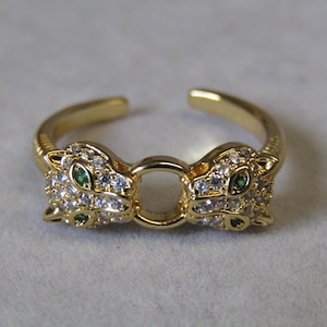 Leopard Head Ring, 18k Gold Ring, Cubic Zirconia Ring, Double Leopard Head Ring, Open Ring