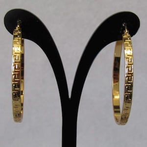 Gold Greek Key Hoop Earrings: Stainless Steel, Gold Plated (42mm)