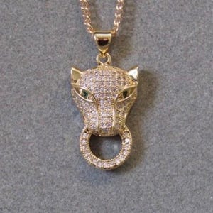 Leopardenkopf Halskette, 18k Gold Halskette, Zirkonia Halskette, Big Cat Halskette, Tierliebhaber Geschenke