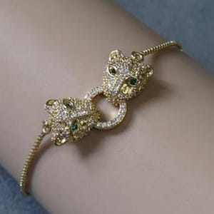 Leopard Head Bracelet, 18k Gold Bracelet, Slider Bracelet, Cubic Zirconia, Big Cat, Animal bracelet