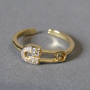 18k Gold Plated Safety Pin Ring: Cubic Zirconia Adjustable Band