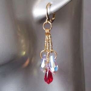 Swarovski Crystal Teardrop Earrings, 18k Gold Earrings, Siam Red and Clear AB Earrings, Multi Strand Earrings