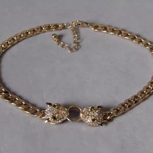 Leopard Double Head Gold Cubic Zirconia Choker Pendant Necklace, Chunky Chain Necklace.