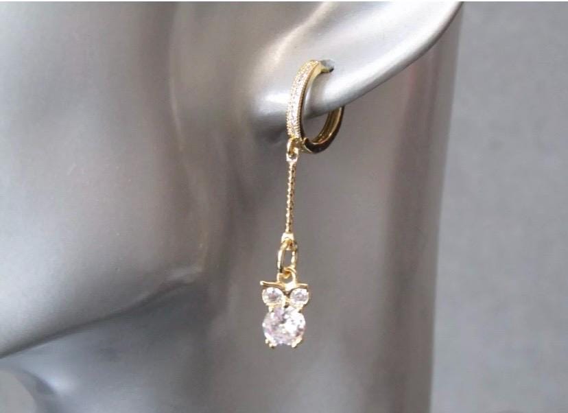 18k Gold Owl Dangle Earrings: Cubic Zirconia Huggie Hoops