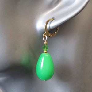 Neon Green Teardrop Earrings, Crystal Earrings, Gold Hoop Earrings, Green Earrings
