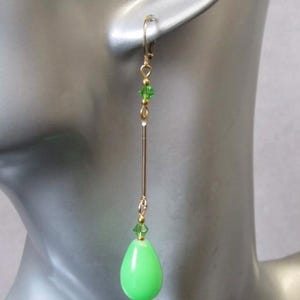 Green Teardrop Earrings, Crystal Earrings, Gold Hoop Earrings, Neon Green Earrings