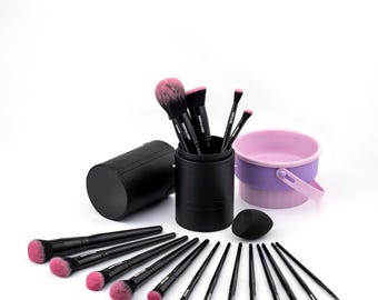 Vegan Makeup Brush Set with Cleaning Mat & Holder