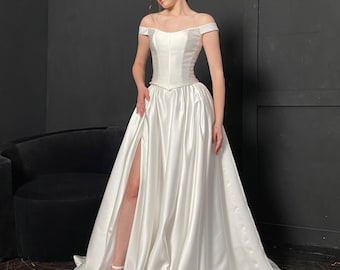 Renaissance Satin Wedding Dress with Unique Corset Bodice, High Slit and Train, Victorian Fairy Wedding Dress, Basque Corset Dress