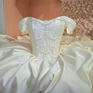Unique IVORY Renaissance Basque Satin Corset Wedding Dress, Fairy Gown with Lace Corset Details