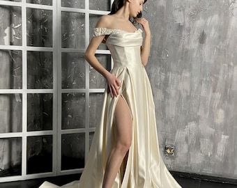 Princess Satin and Lace Wedding Dress with Unique Corset Bodice, High Slit and Train, Unique Fairy Wedding Dress