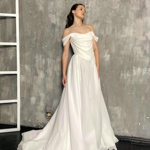 Unique Renaissance Chiffon Wedding Dress, Wedding set, Fairy Ball Gown with Drape Corset, Drop Waist Basque Dress with train, Bridal Corset